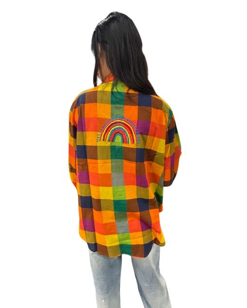 Happy Rainbow embroidery multicoloured check shirt Tops Zoda