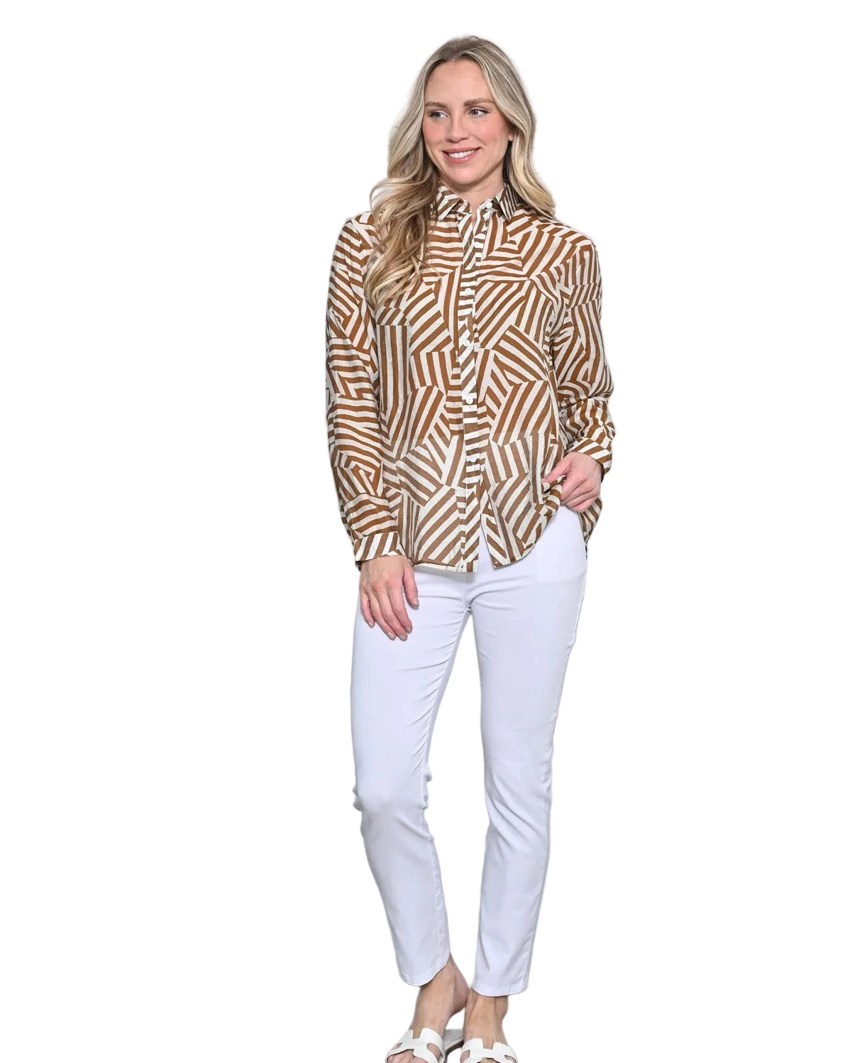 Geo Print Cotton Shirt Brown Tops Cali & Co 10