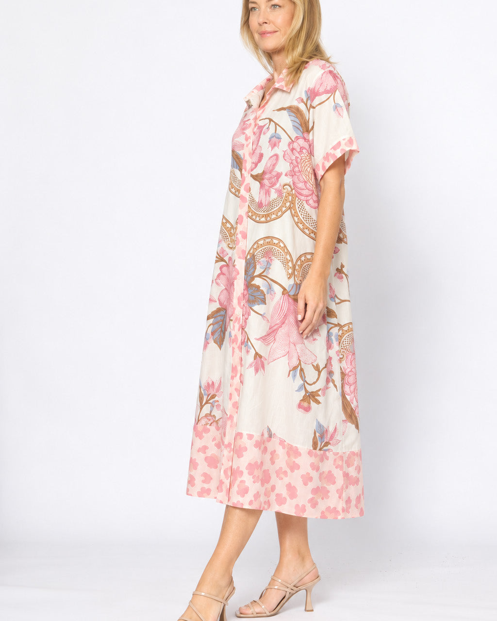Cotton Shirt Dress White / Pink Floral - Global Free Style