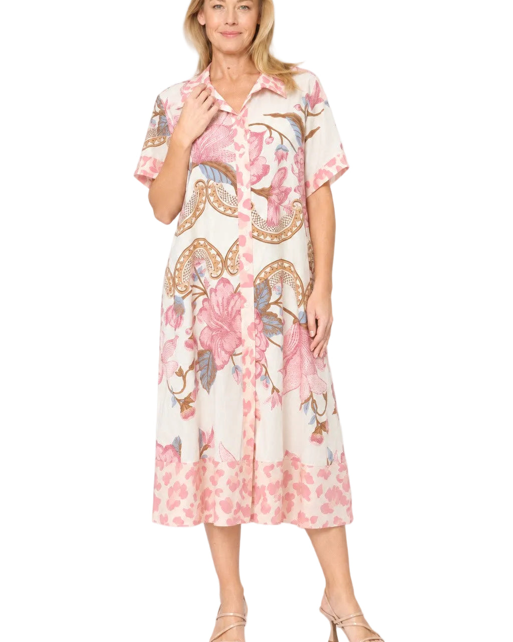 Cotton Shirt Dress White / Pink Floral - Global Free Style