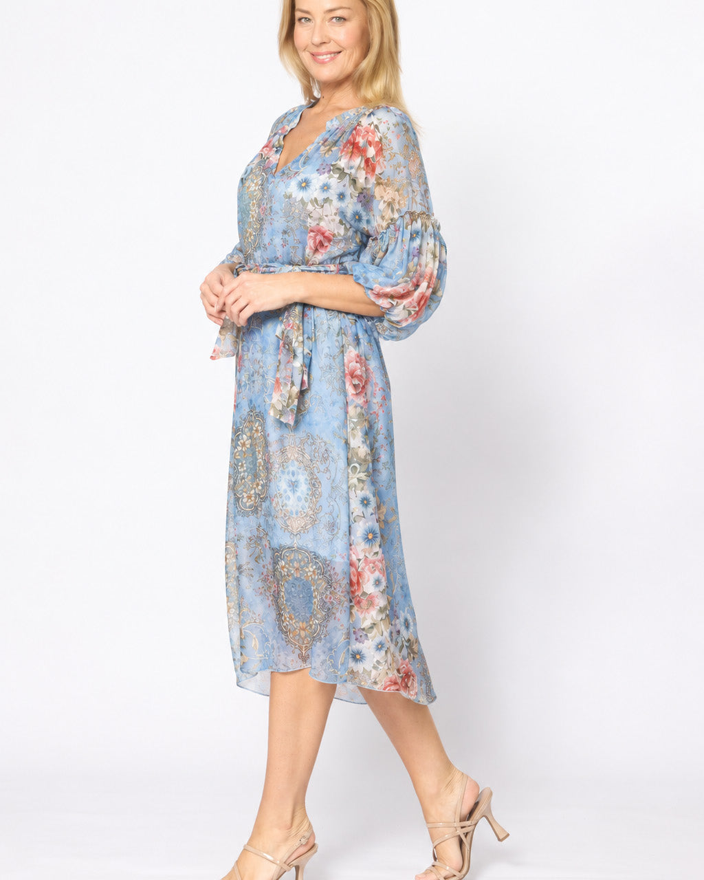 Chinese Collar V-neck Balloon Sleeve Dress With Slip Celeste /Pink Floral - Global Free Style