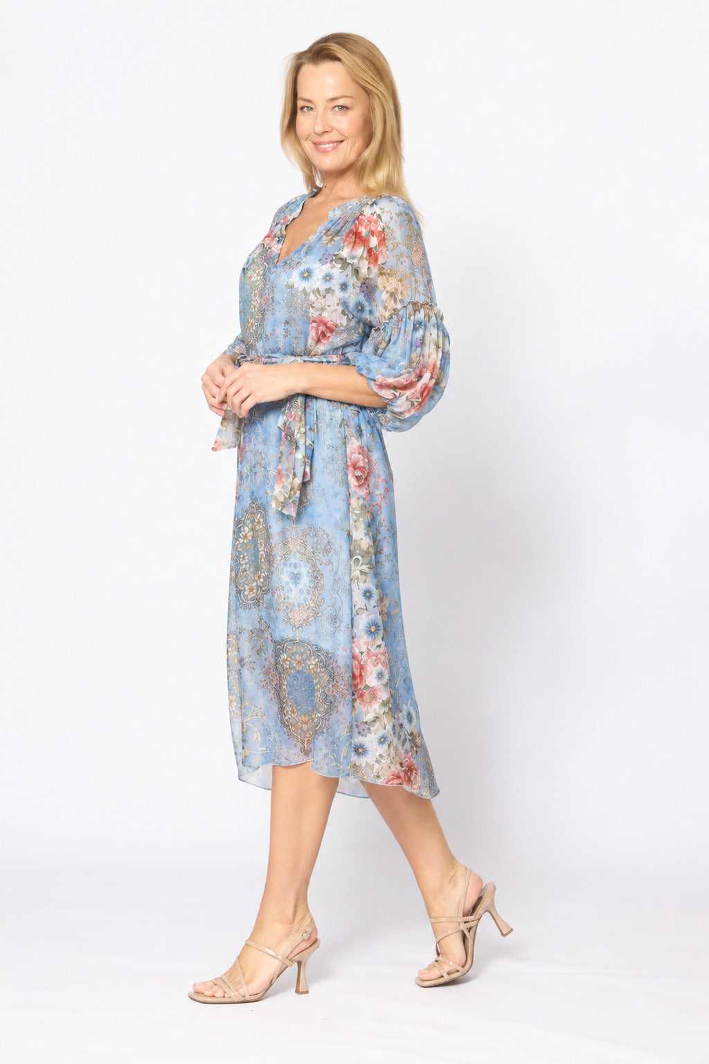 Chinese Collar V-neck Balloon Sleeve Dress With Slip Celeste /Pink Floral - Global Free Style