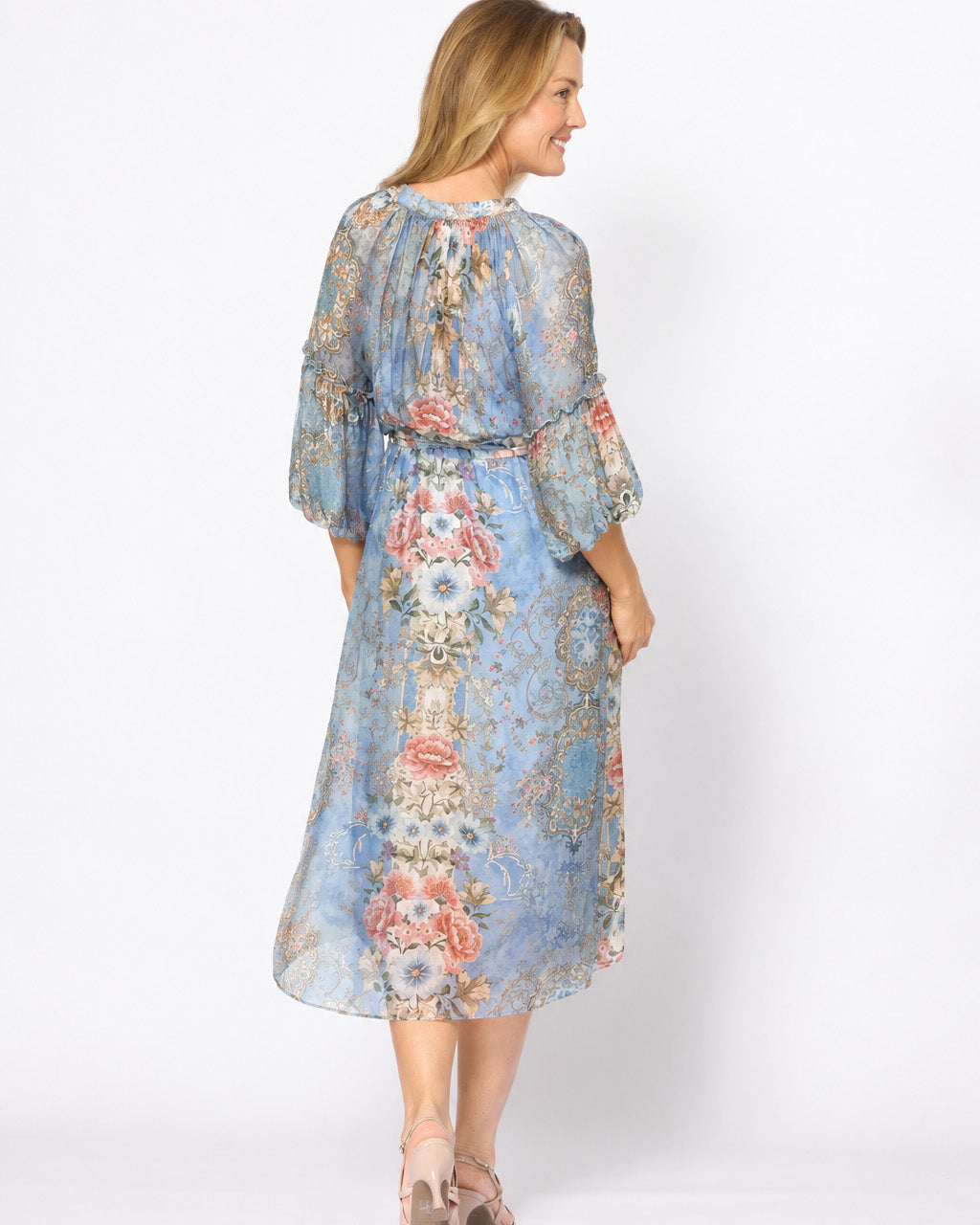 Chinese Collar V-neck Balloon Sleeve Dress With Slip Celeste /Pink Floral - Global Free Style
