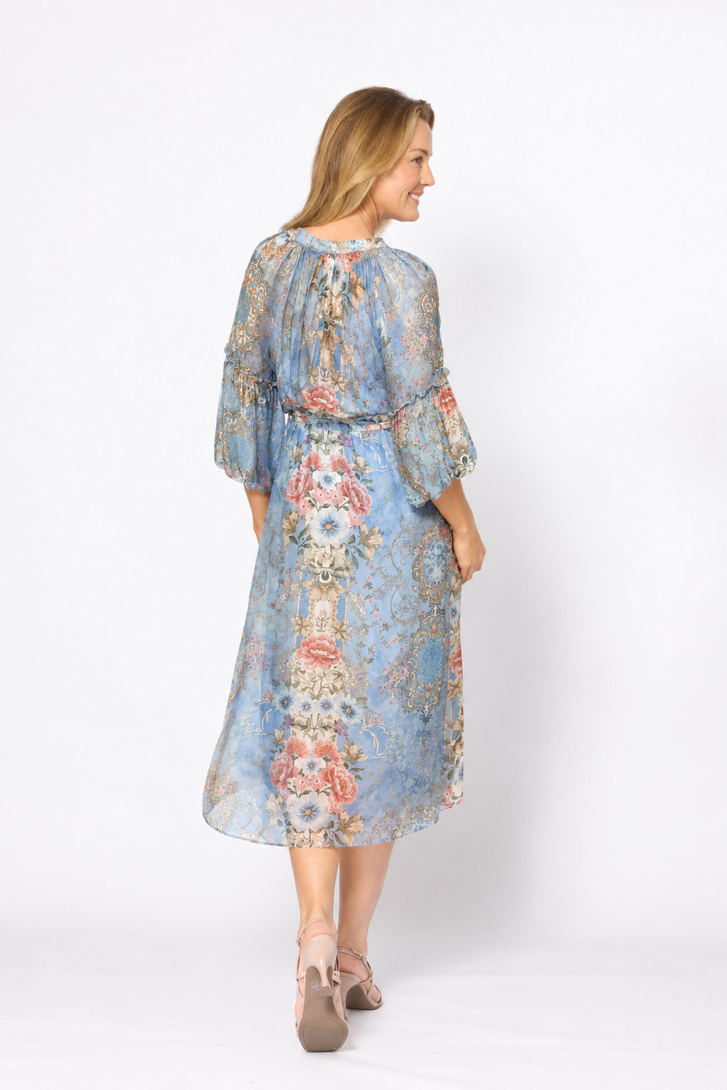 Chinese Collar V-neck Balloon Sleeve Dress With Slip Celeste /Pink Floral - Global Free Style