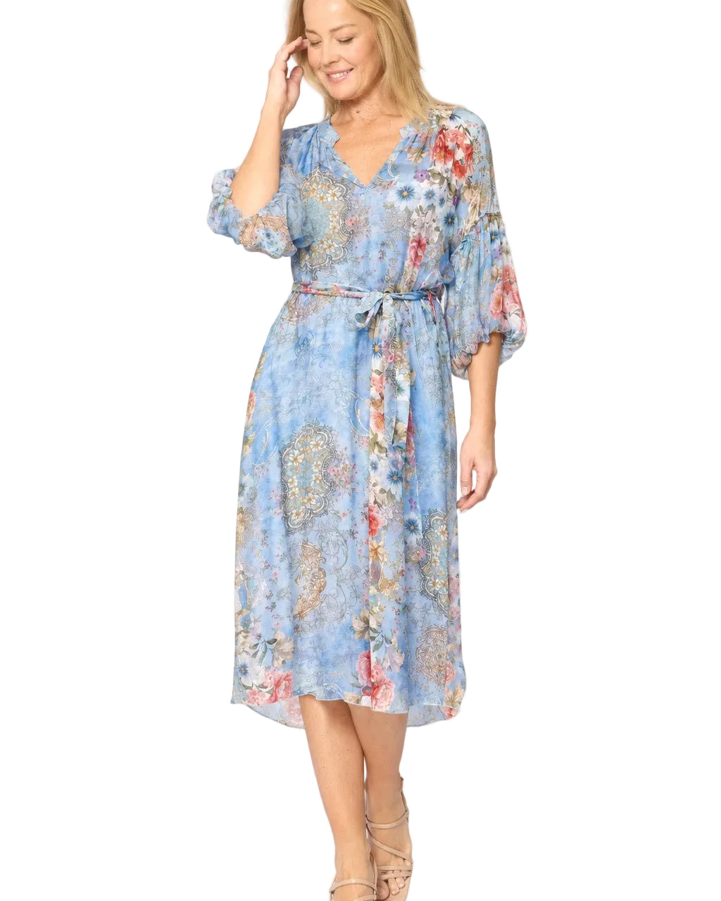 Chinese Collar V-neck Balloon Sleeve Dress With Slip Celeste /Pink Floral - Global Free Style