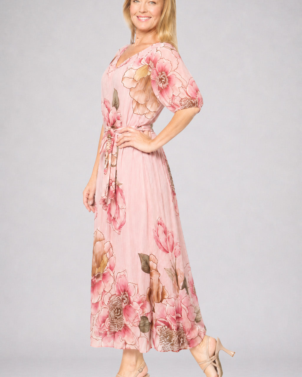 Puff Sleeve Shirt Dress With Slip Pink Floral - Global Free Style