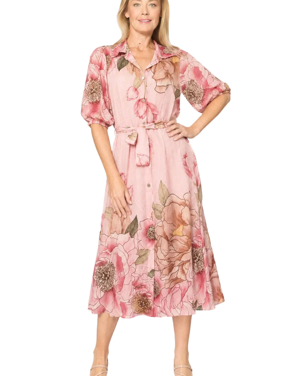 Puff Sleeve Shirt Dress With Slip Pink Floral - Global Free Style