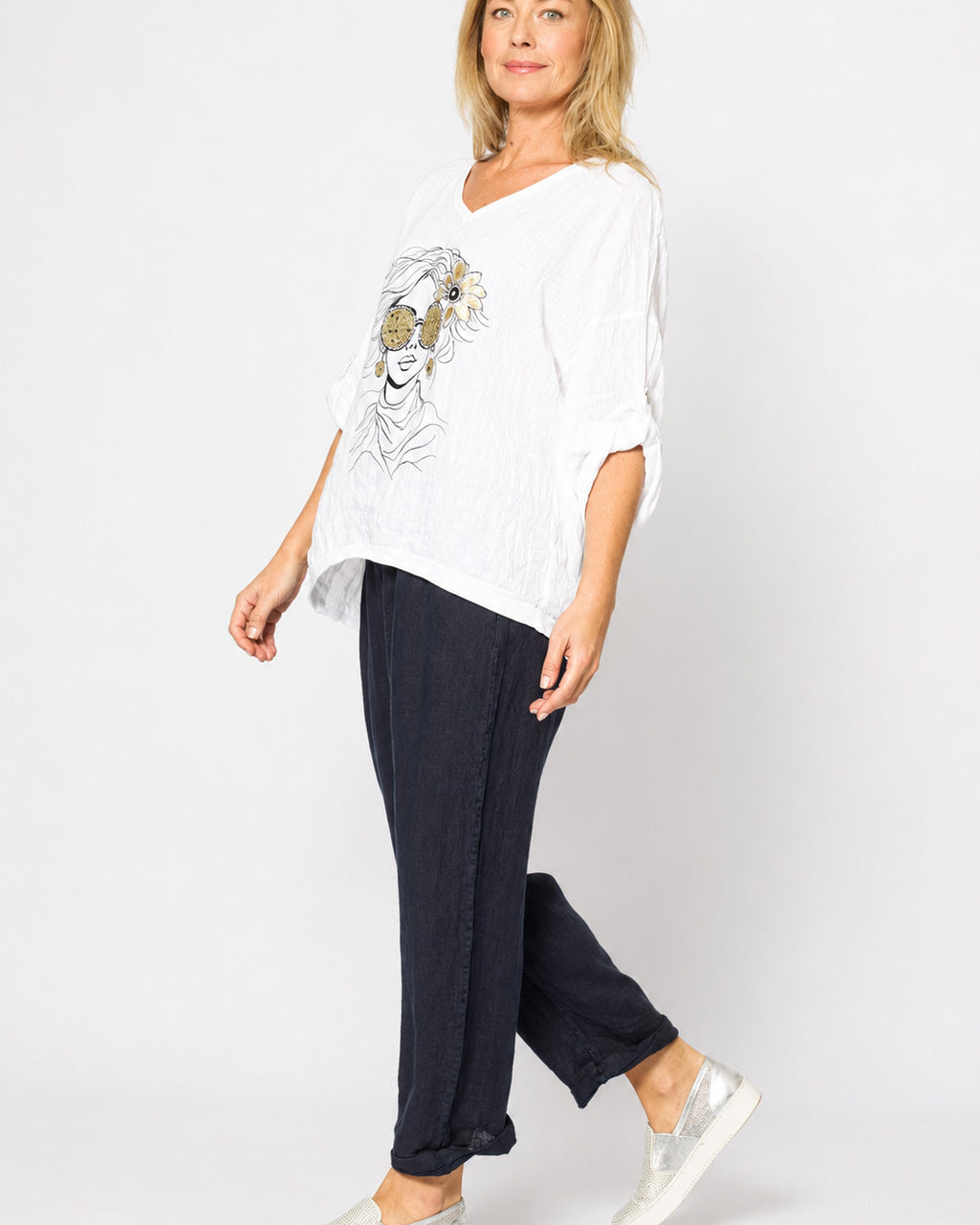 Rolled V-neck Top White Tops La Strada