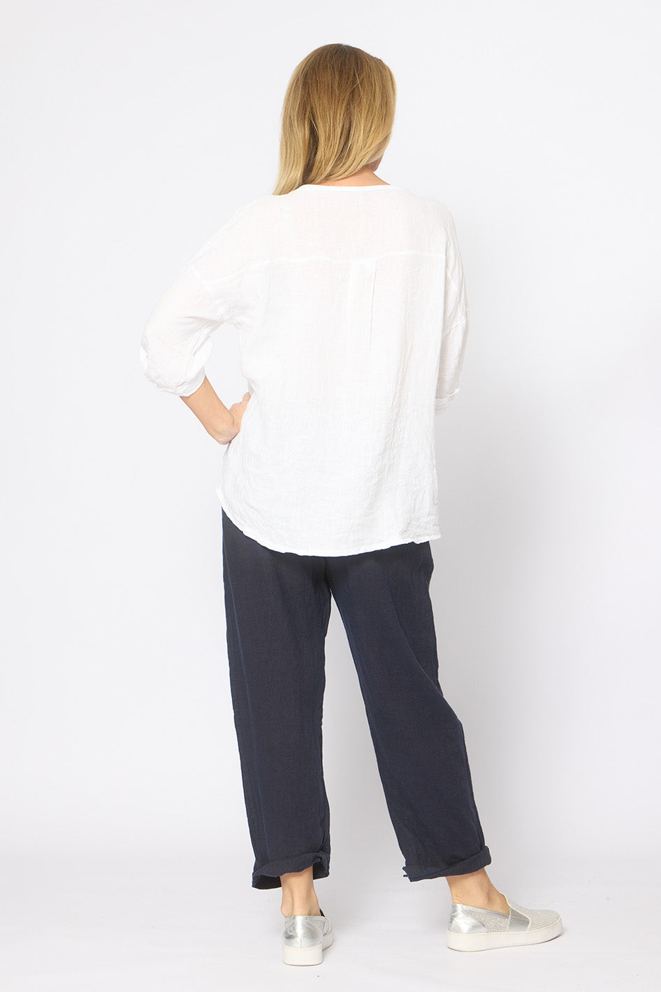 Rolled V-neck Top White Tops La Strada