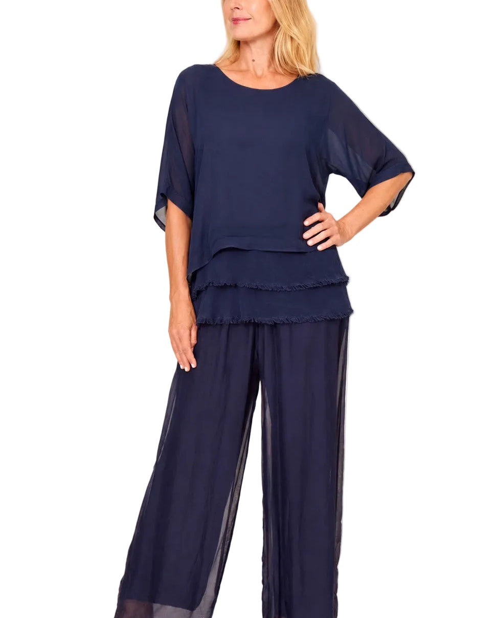 Silk Blended Three Layers Raw Egde Top Navy Tops La Strada S(8-10)