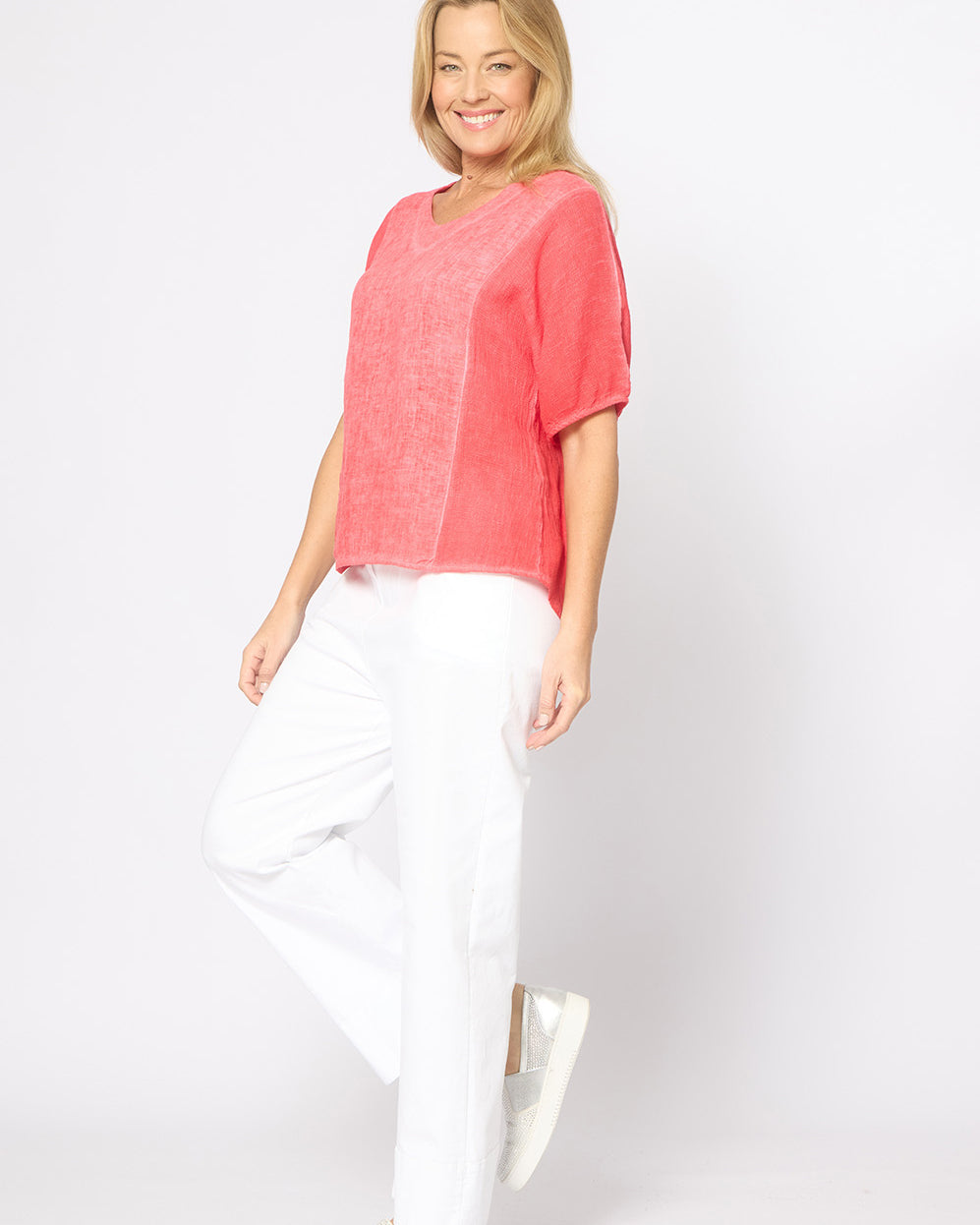 Mesh Panel Sides Elastic Cuff V-neck Short Sleeve Top Flame Red Tops La Strada