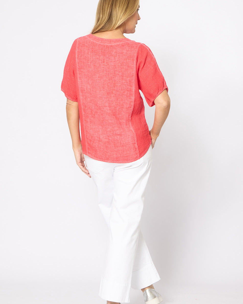 Mesh Panel Sides Elastic Cuff V-neck Short Sleeve Top Flame Red Tops La Strada
