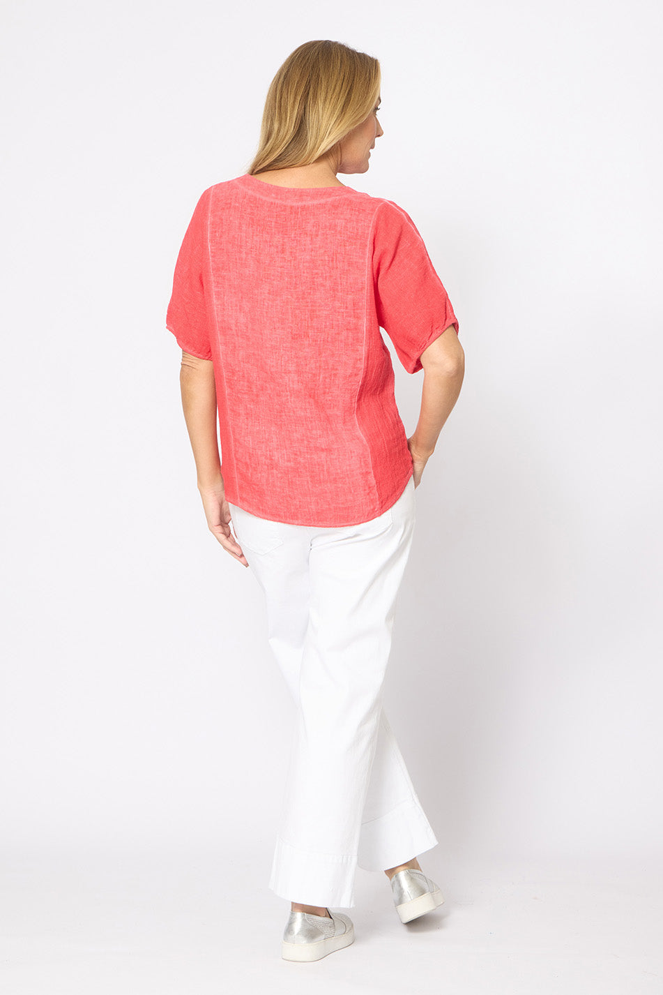 Mesh Panel Sides Elastic Cuff V-neck Short Sleeve Top Flame Red Tops La Strada