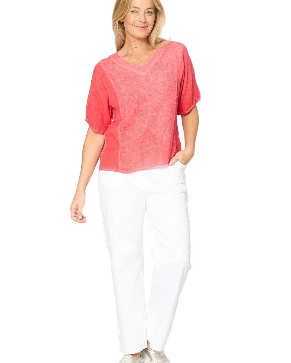 Mesh Panel Sides Elastic Cuff V-neck Short Sleeve Top Flame Red Tops La Strada S(8-10)