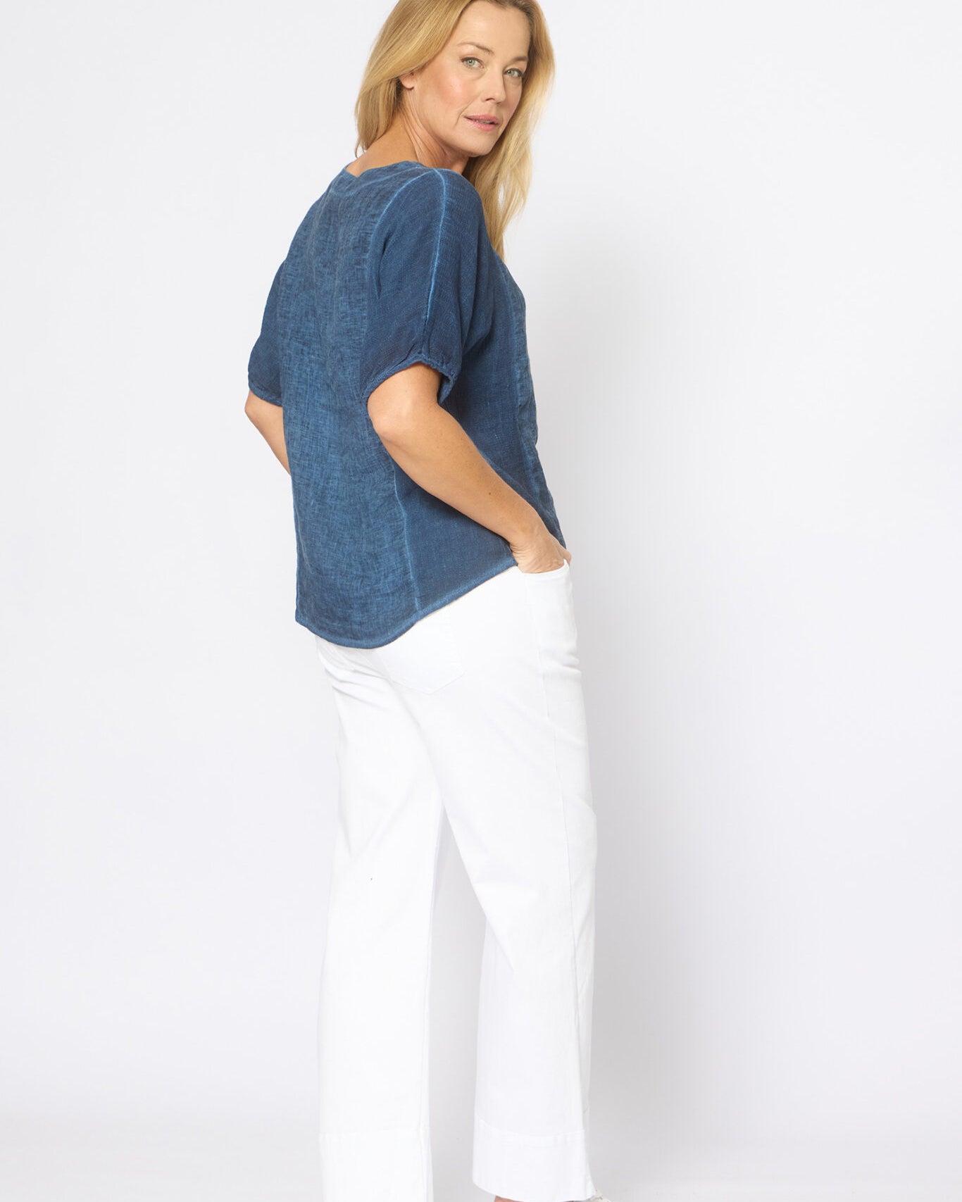 Mesh Panel Short Sleeve Top Navy Tops La Strada