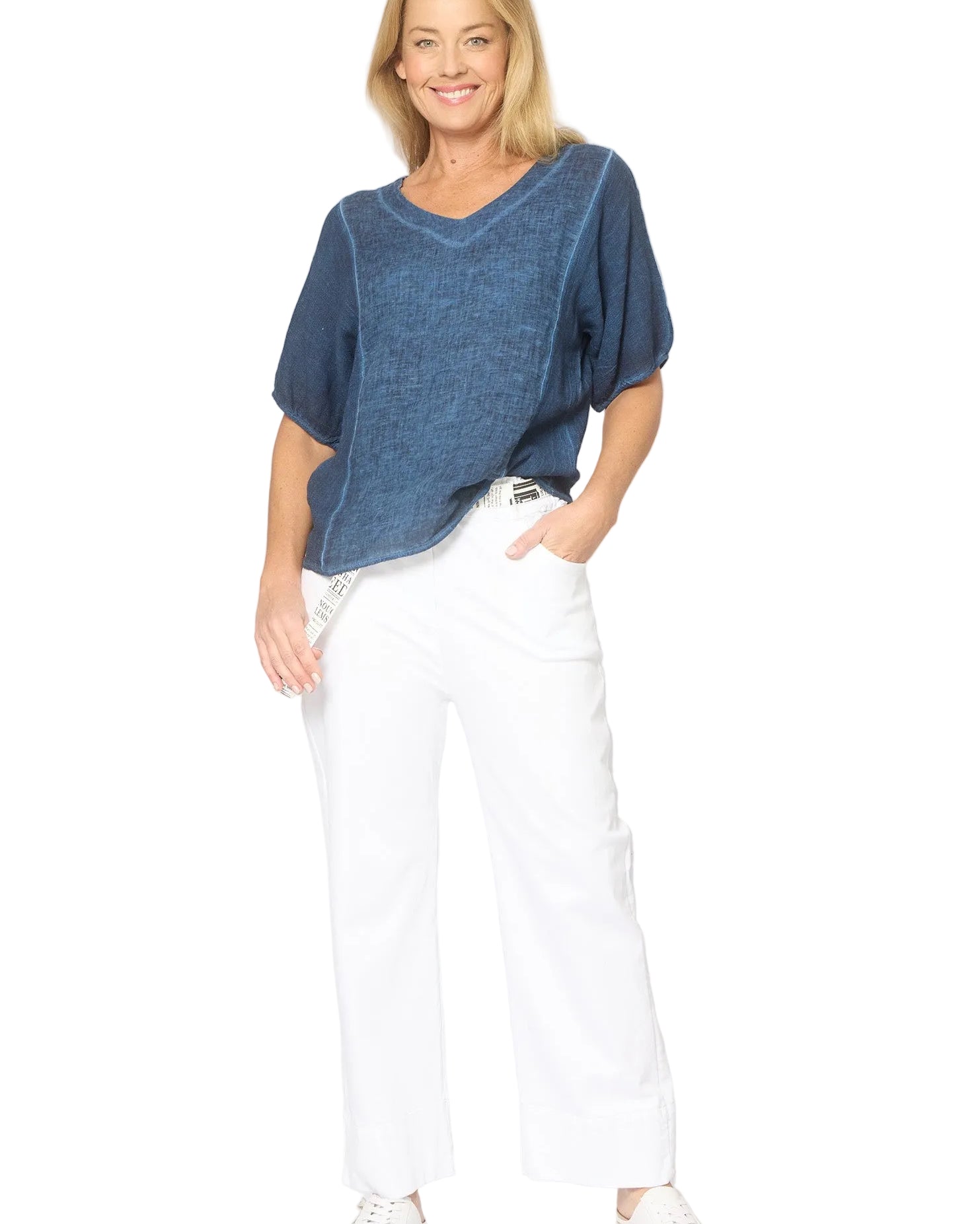 Mesh Panel Short Sleeve Top Navy Tops La Strada S(8-10)