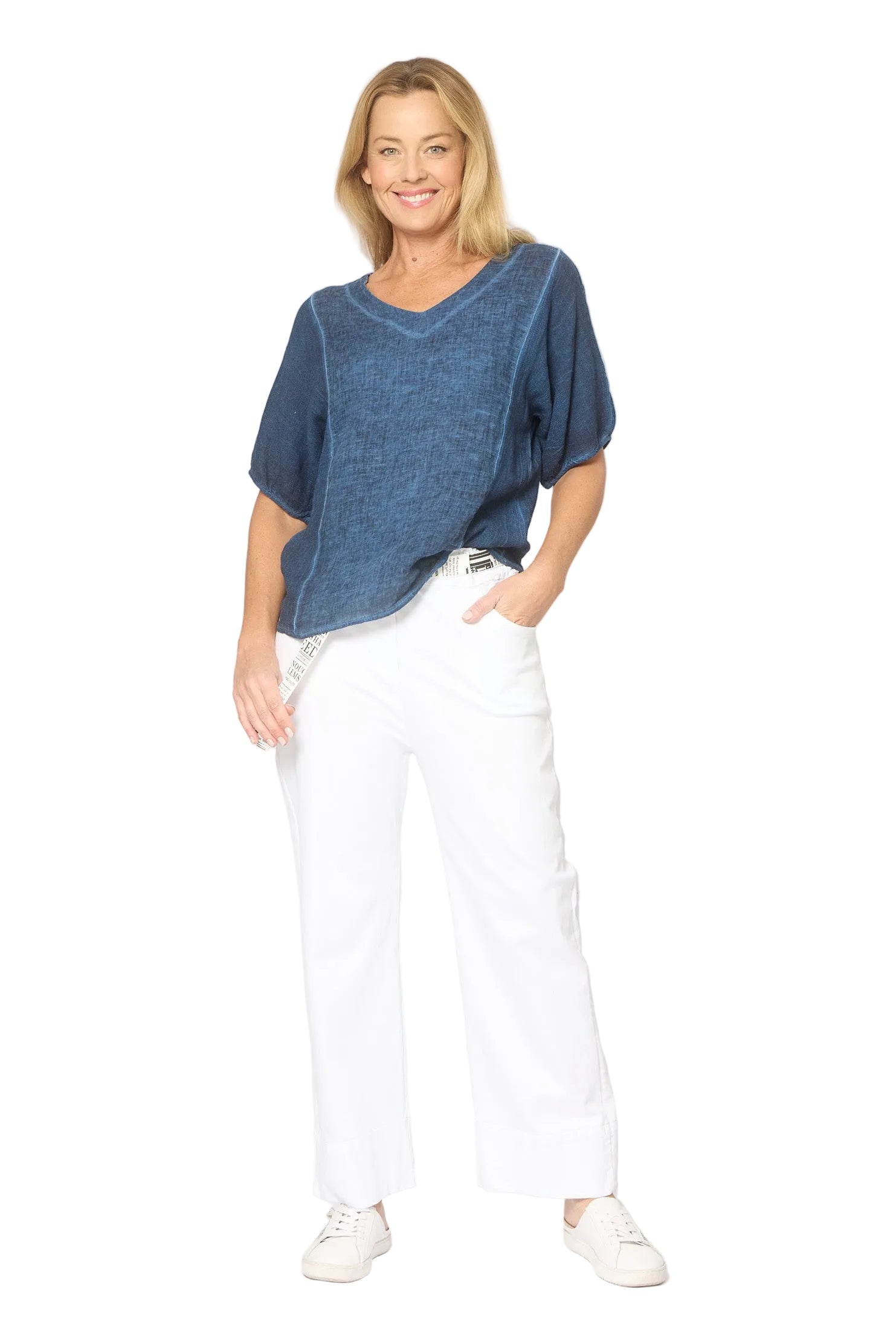 Mesh Panel Short Sleeve Top Navy Tops La Strada S(8-10)