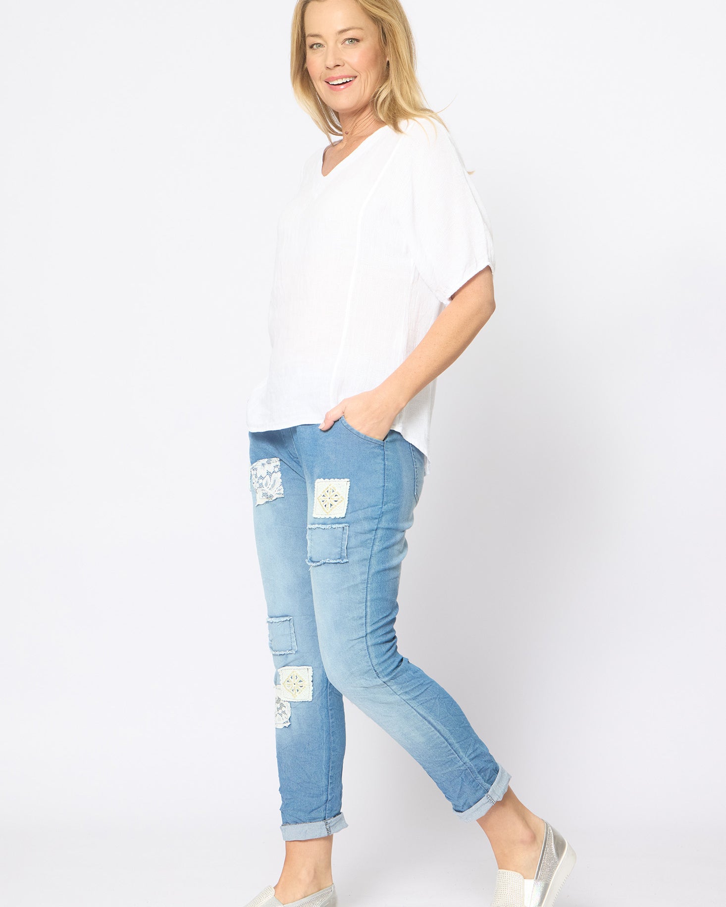 Mesh Panel Short Sleeve Top White Tops La Strada
