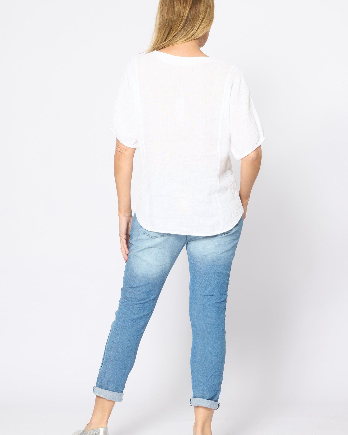 Mesh Panel Short Sleeve Top White Tops La Strada