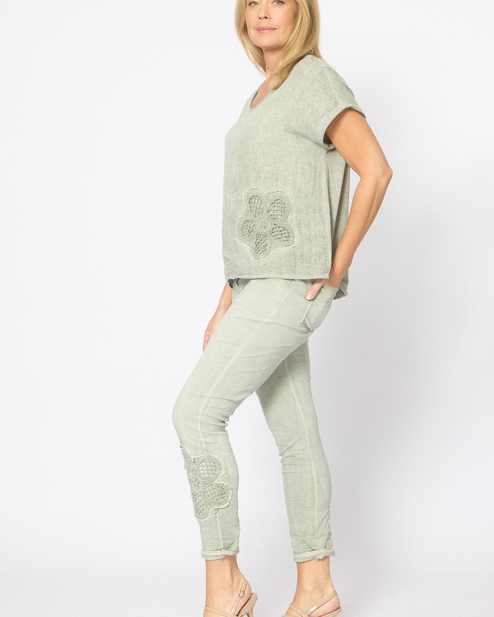 Applique Flower Pant Militare Bottoms La Strada