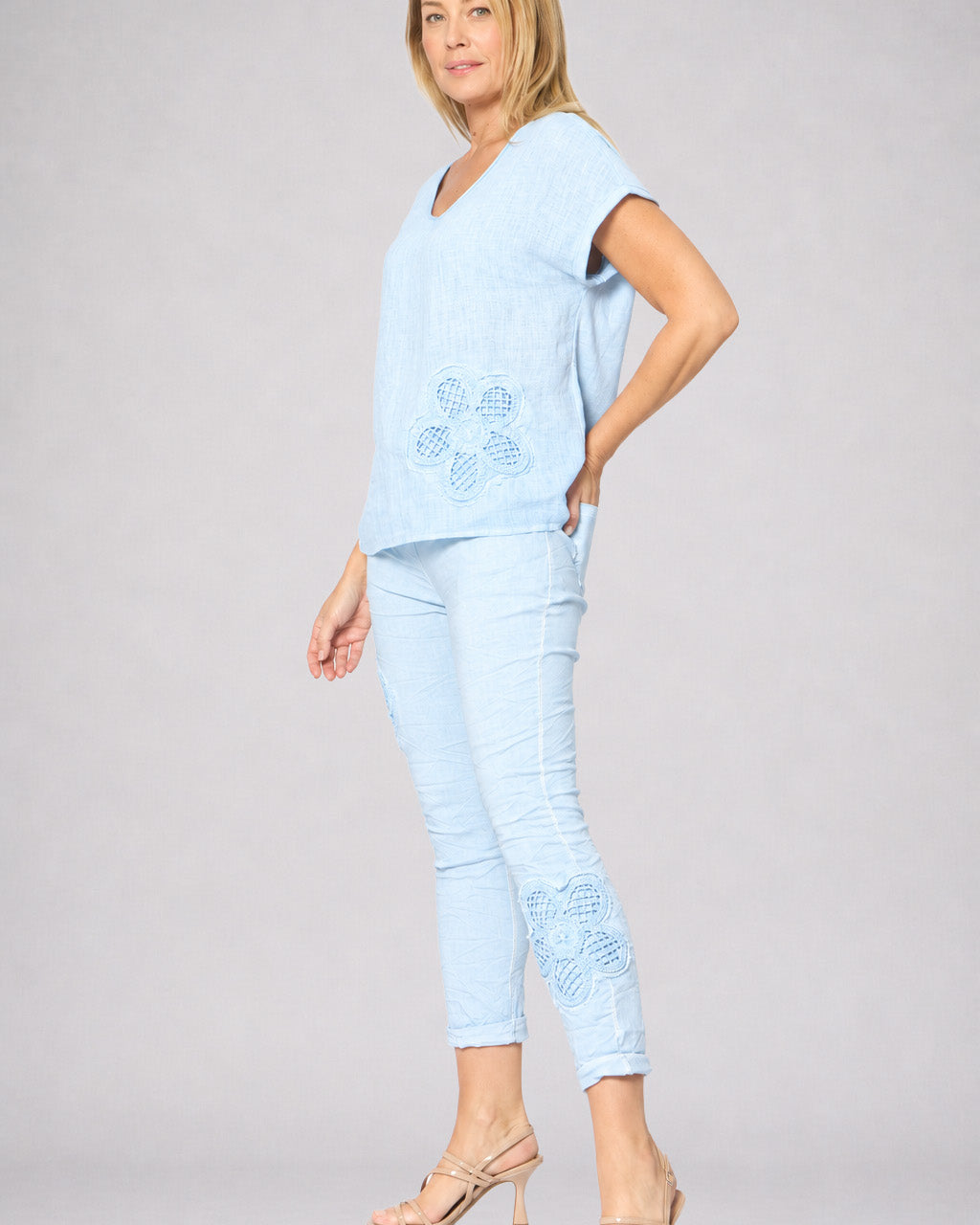 Applique Flower Pants Sky Blue Bottoms La Strada