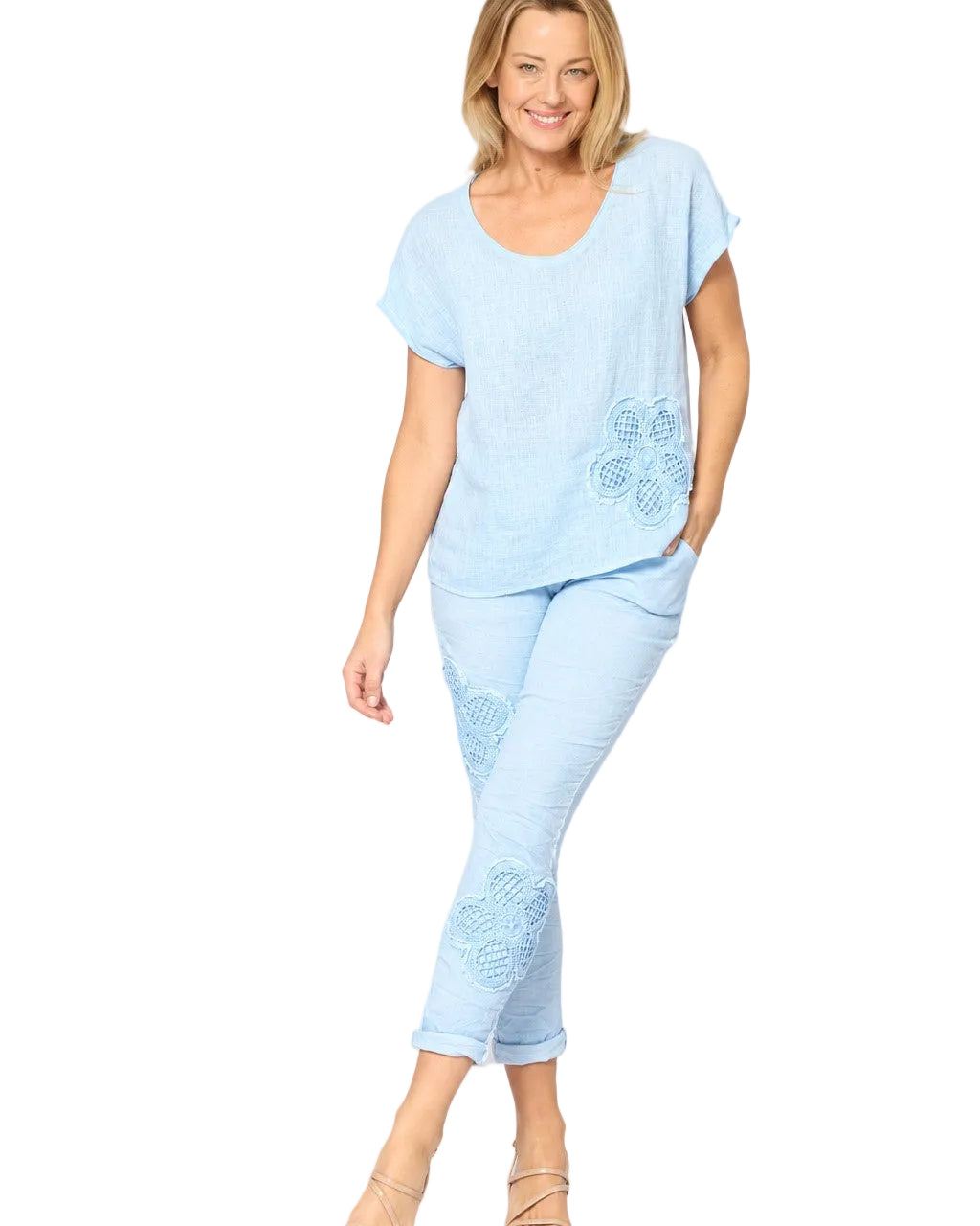 Applique Flower Pants Sky Blue Bottoms La Strada S(8-10)