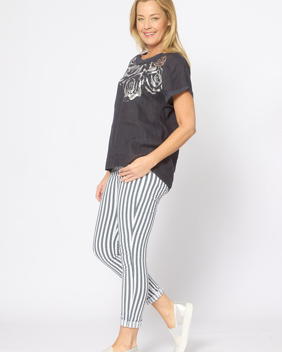 Foil Flower Decoration Top Navy Tops La Strada