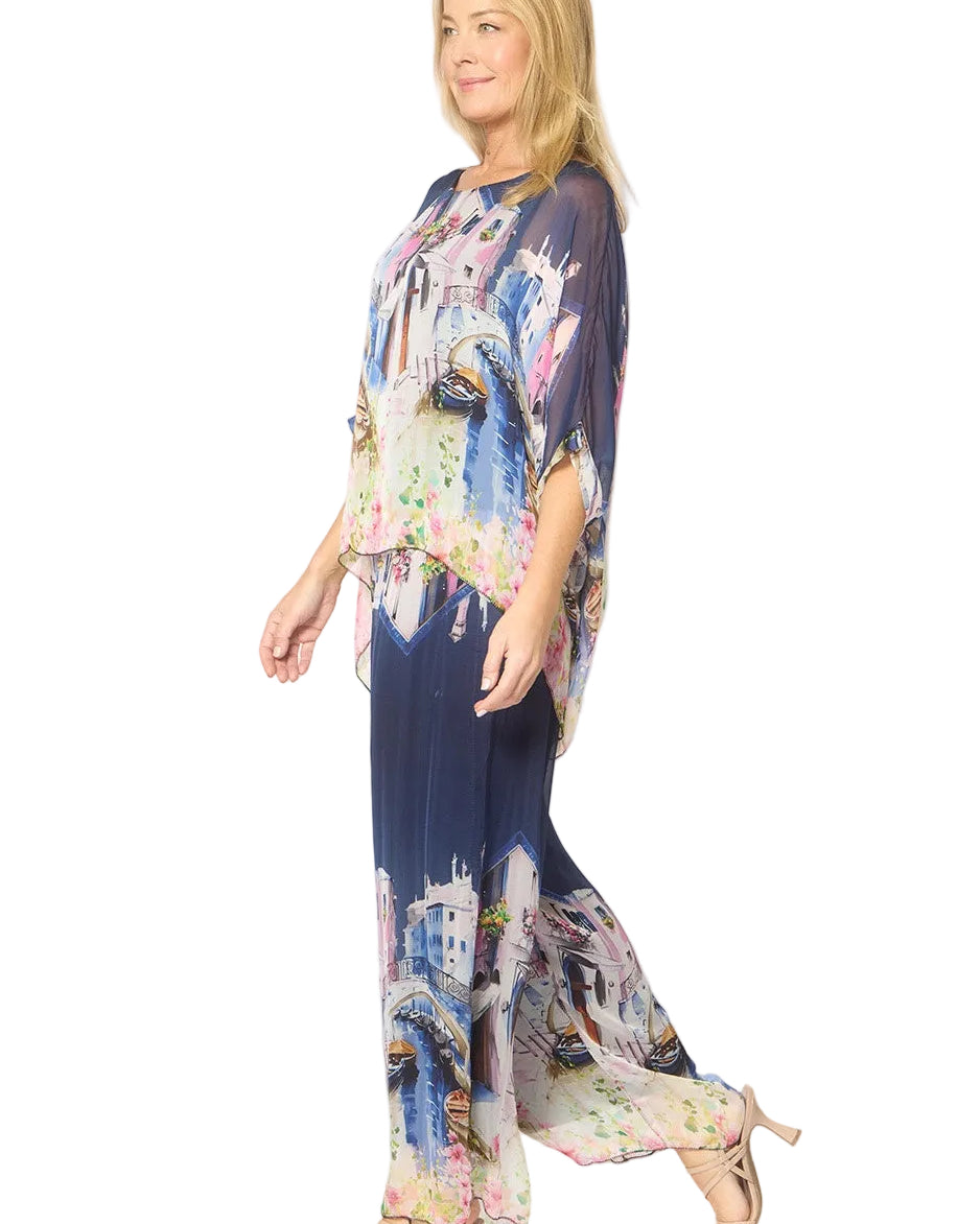 Kaftan Top Navy Castle Print Tops La Strada S(8-10)