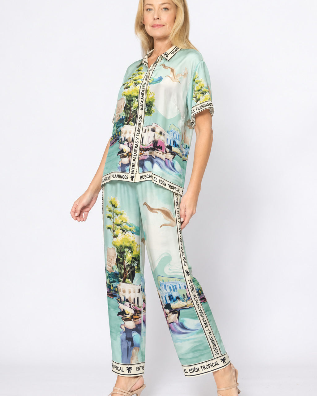 Viscose Letter Trim Pants Aqua Print - Global Free Style
