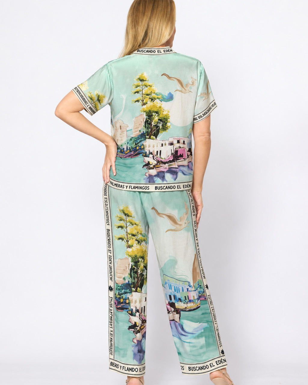 Viscose Letter Trim Pants Aqua Print - Global Free Style