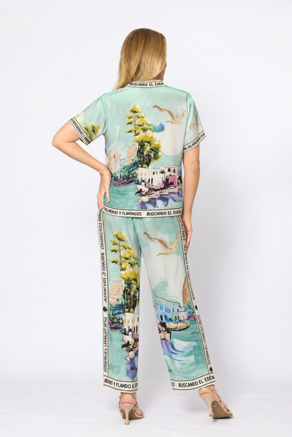 Viscose Letter Trim Shirt Aqua Print - Global Free Style