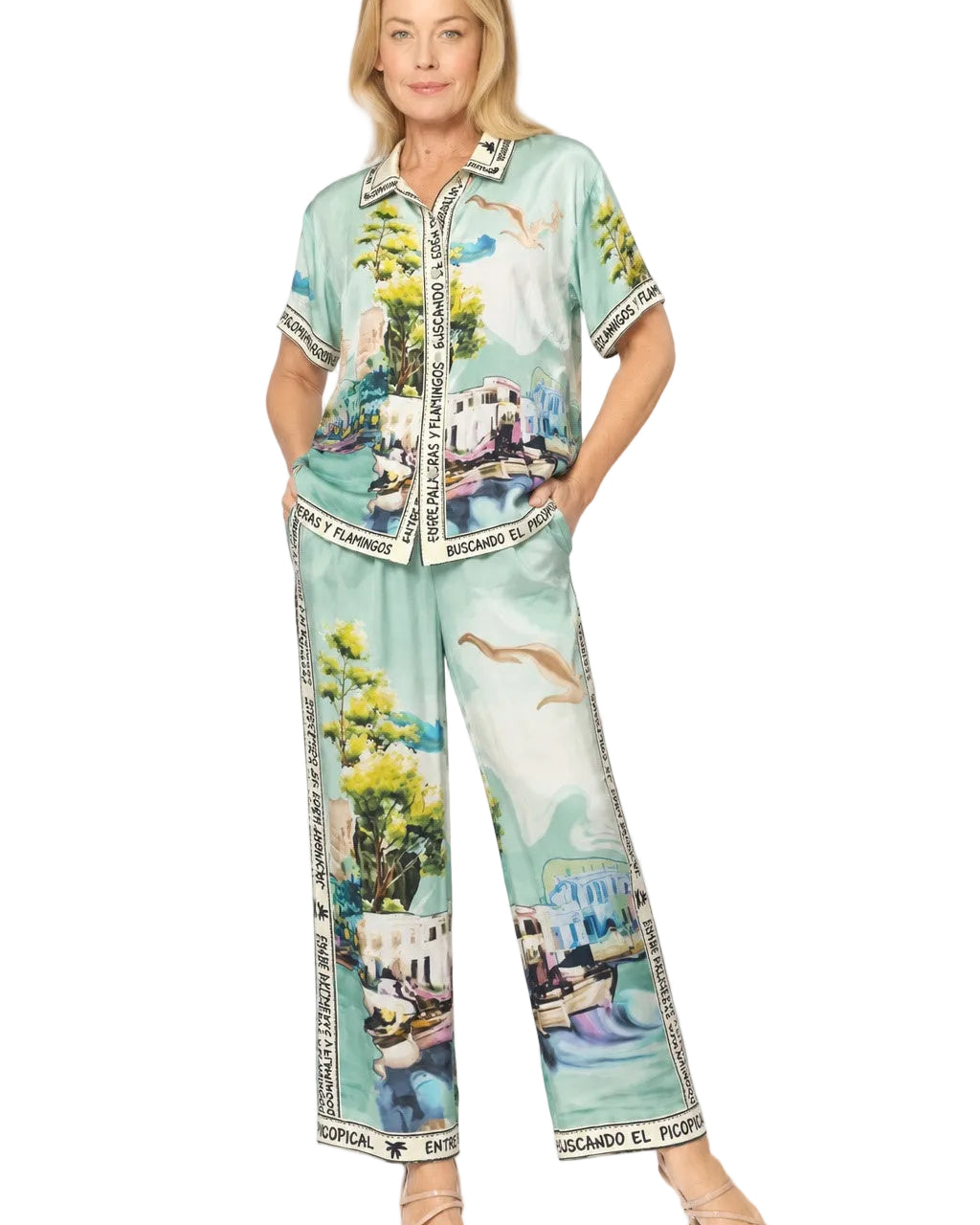 Viscose Letter Trim Pants Aqua Print - Global Free Style