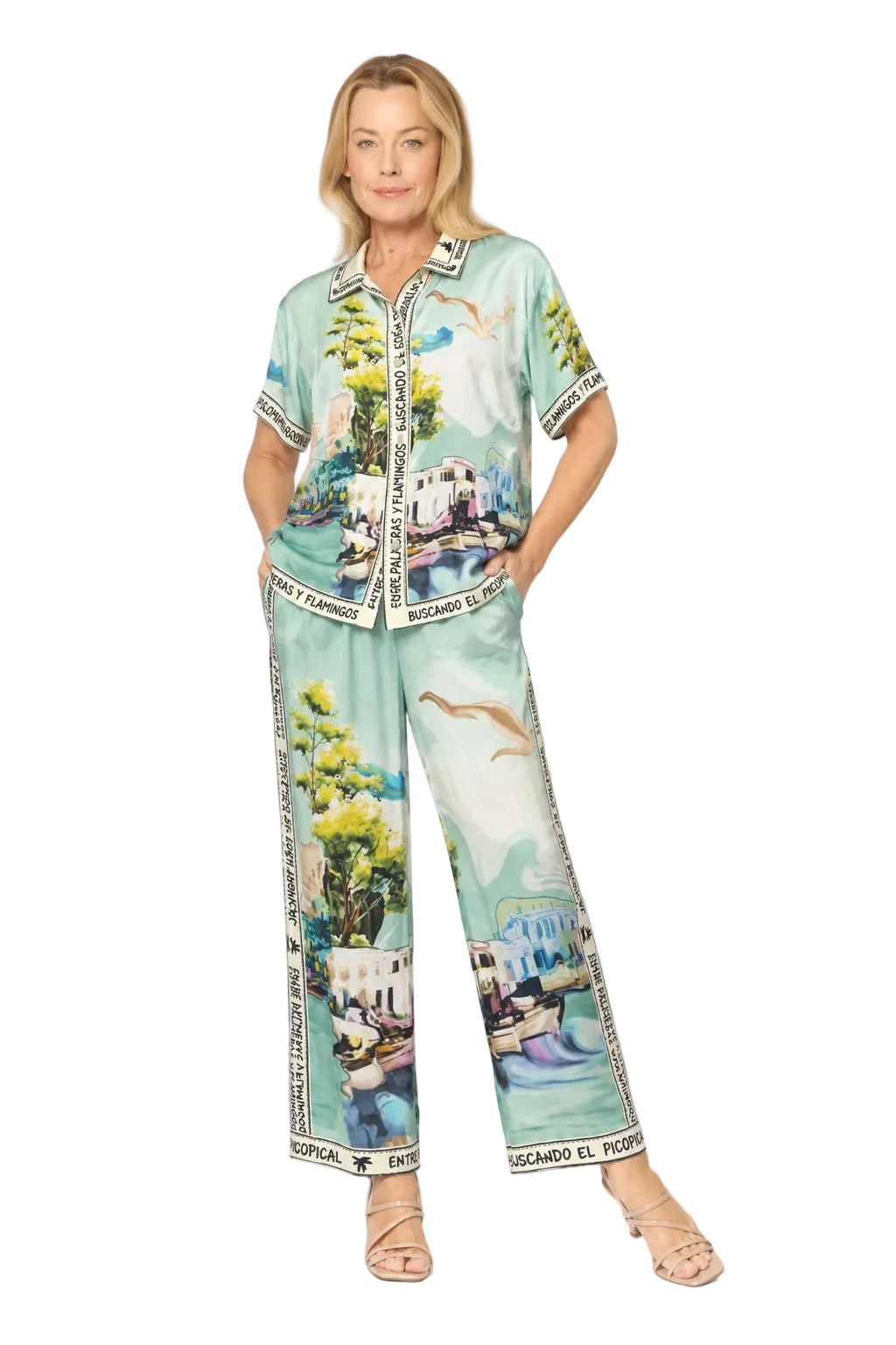 Viscose Letter Trim Shirt Aqua Print - Global Free Style