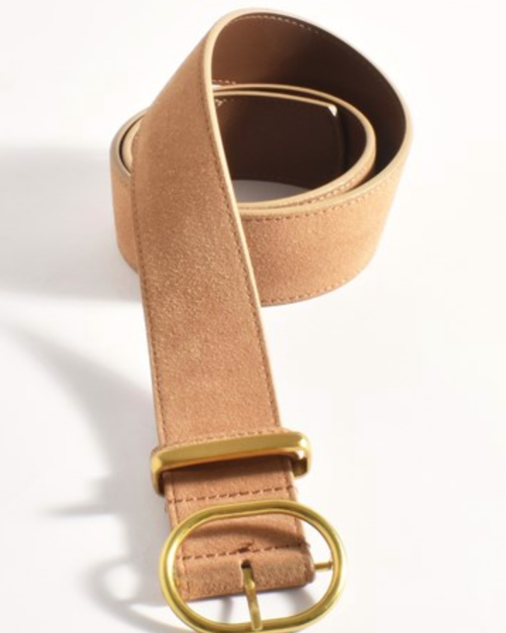 Metal Oval Buckle Suede Belt Camel - Global Free Style
