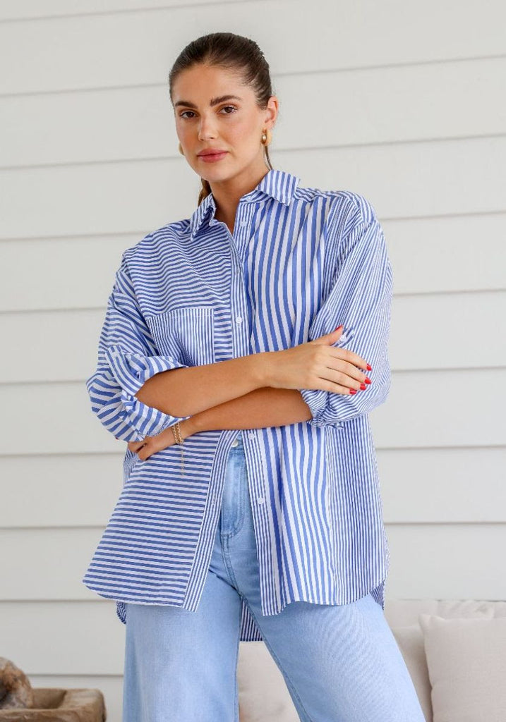 Striped Cotton Shirt Blue - Global Free Style