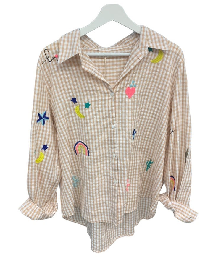Beige check Icon embroidery shirt Tops Zoda S/M