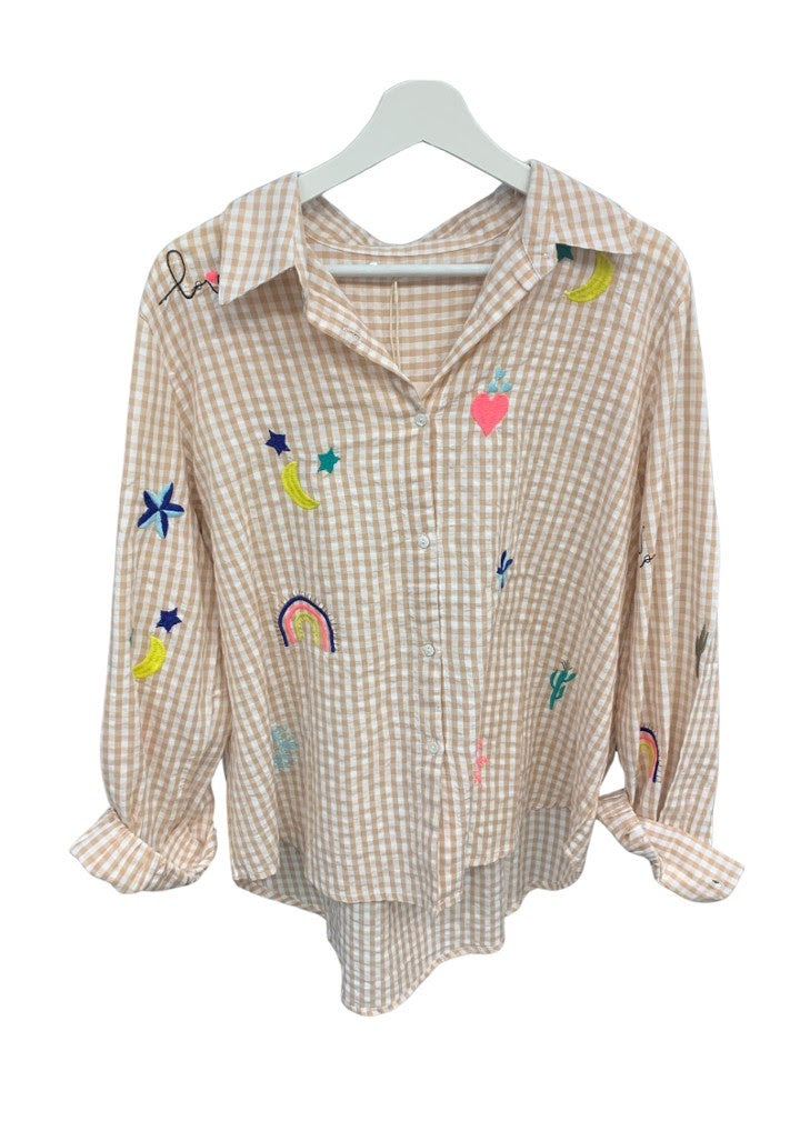 Beige check Icon embroidery shirt Tops Zoda S/M