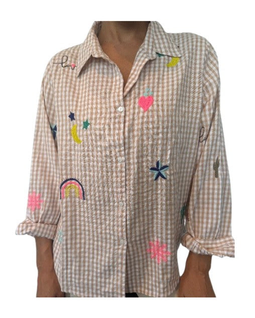 Beige check Icon embroidery shirt Tops Zoda