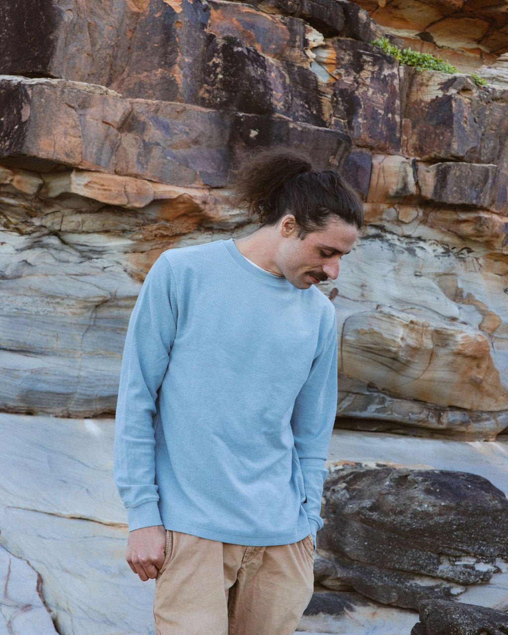 Pale Blue French Terry Ribbed Sweater Mens Tops Skumi