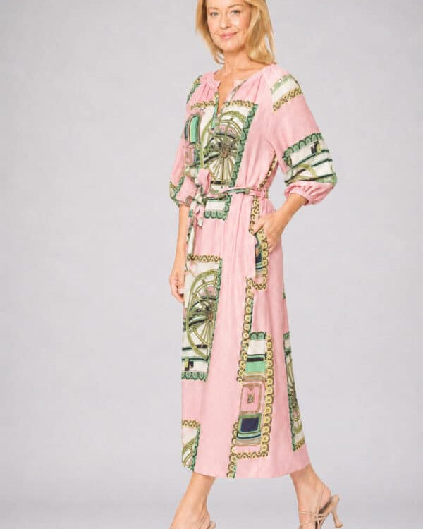 Mandarin Collar Belted Dress Pink/Green Postage Stamp Dresses La Strada