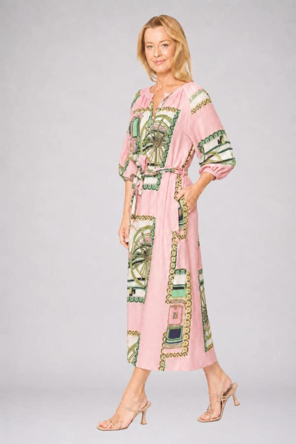 Mandarin Collar Belted Dress Pink/Green Postage Stamp Dresses La Strada