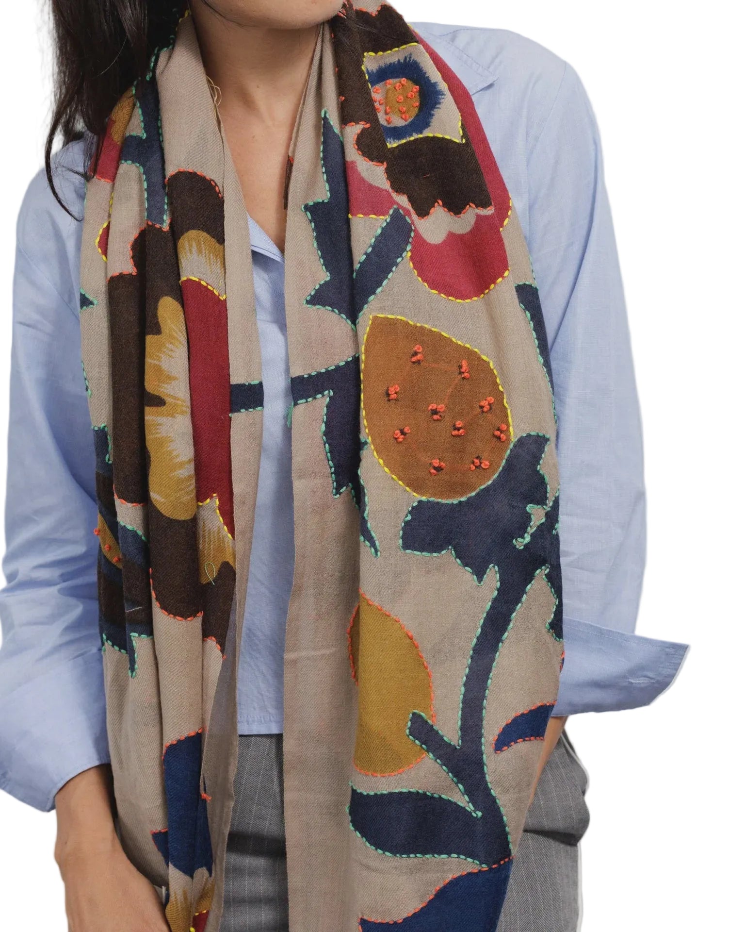 Pure Wool Scarf Beige Flower Scarves and Sarongs Zoda
