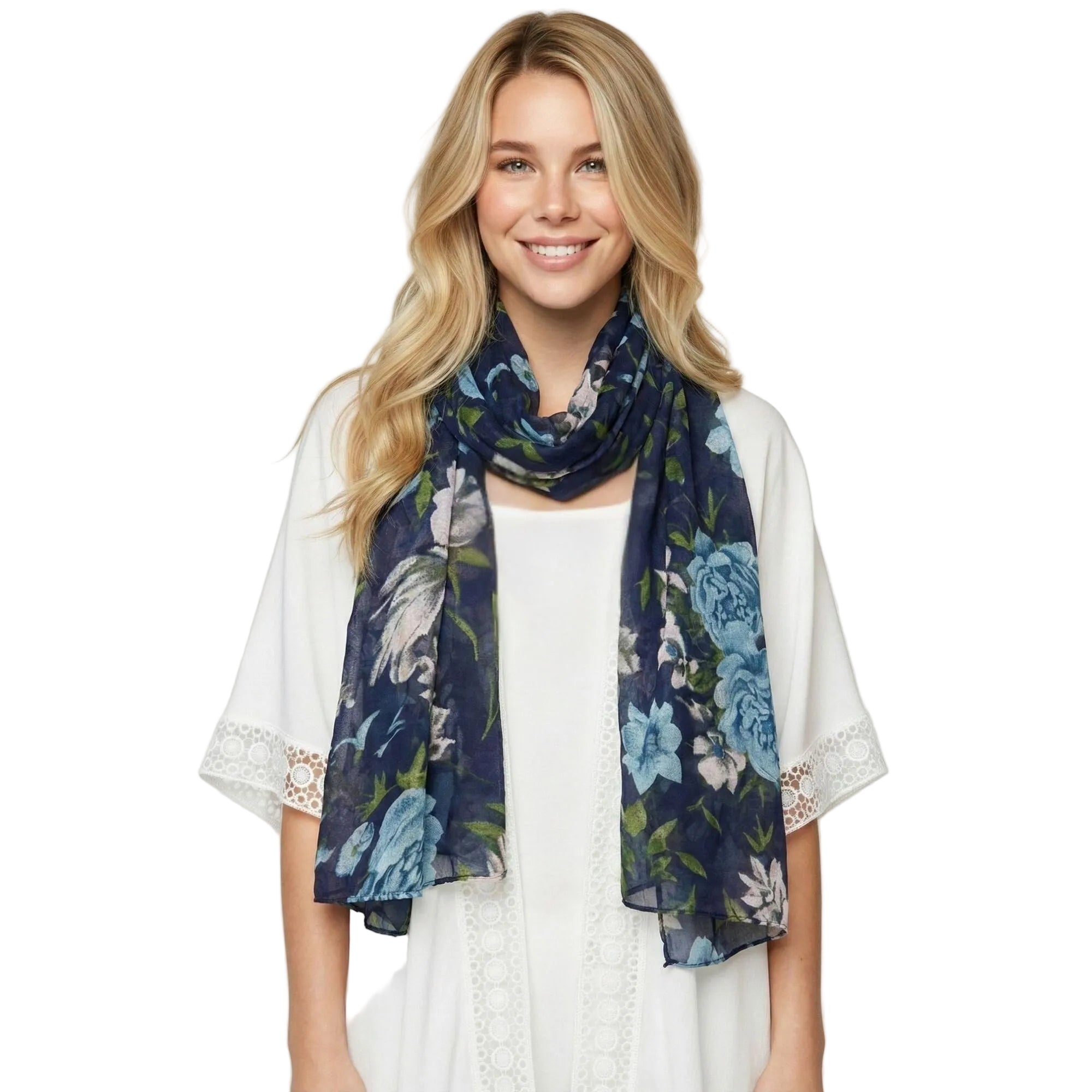 Peony Rose Garden Scarf Navy Blue Scarves and Sarongs Taylor Hill