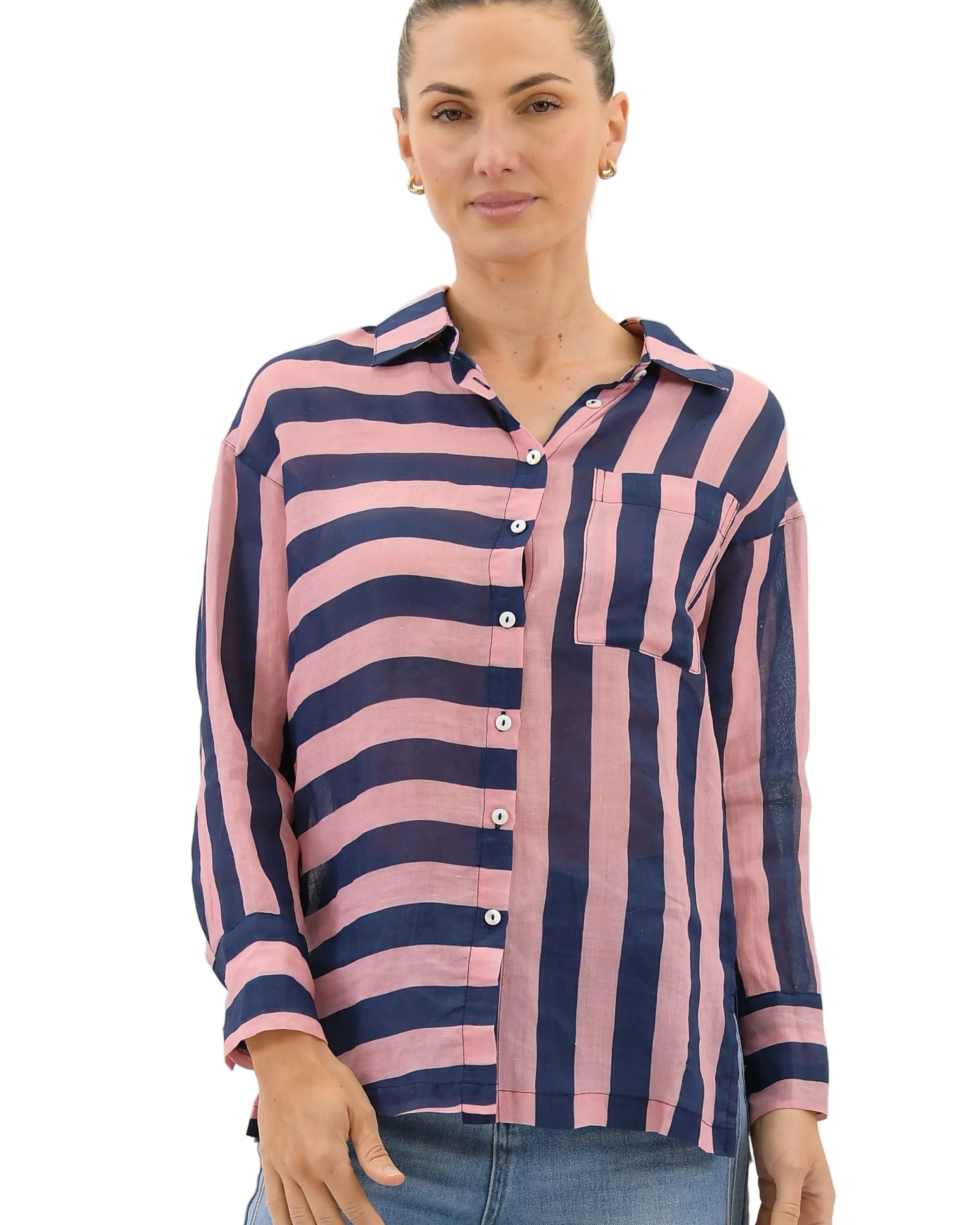 Faye Striped Linen Shirt Navy/Pink Tops Worthier S/M(8-10)