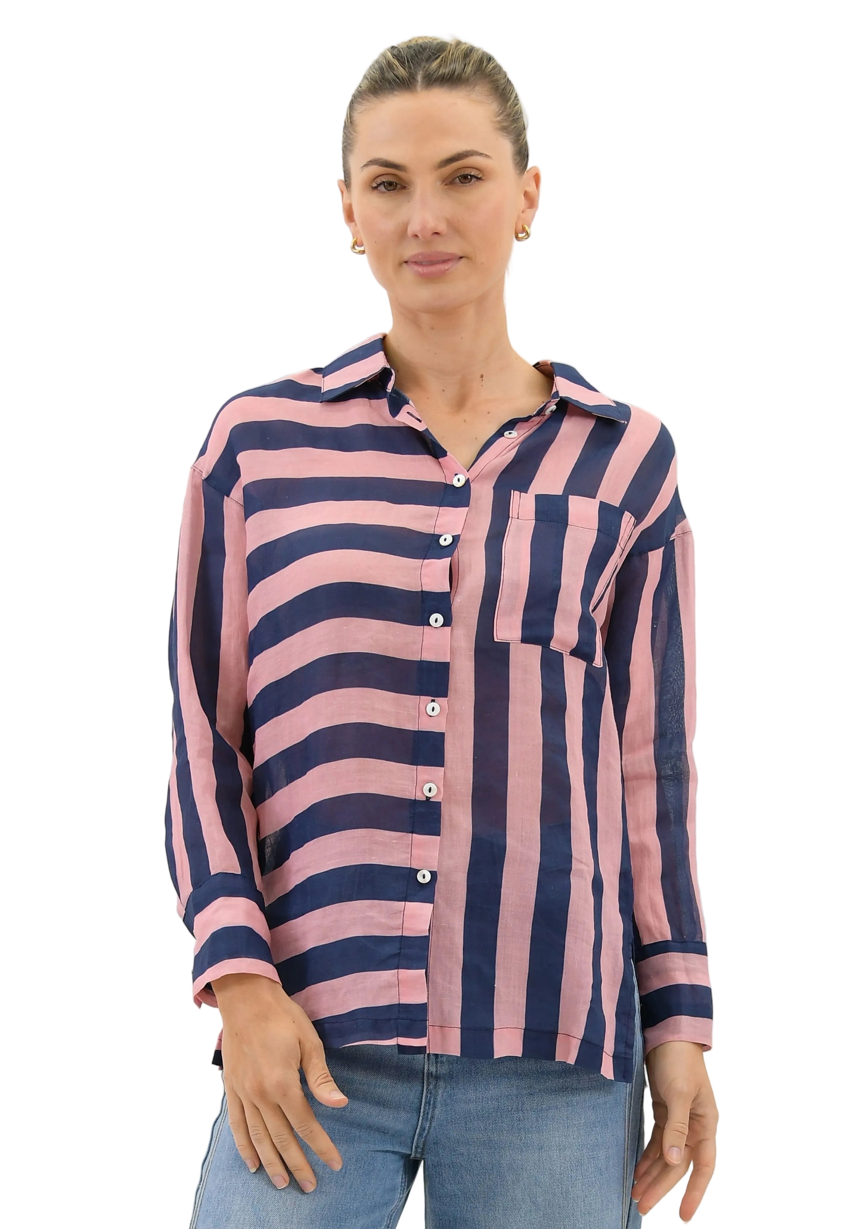 Faye Striped Linen Shirt Navy/Pink Tops Worthier S/M(8-10)