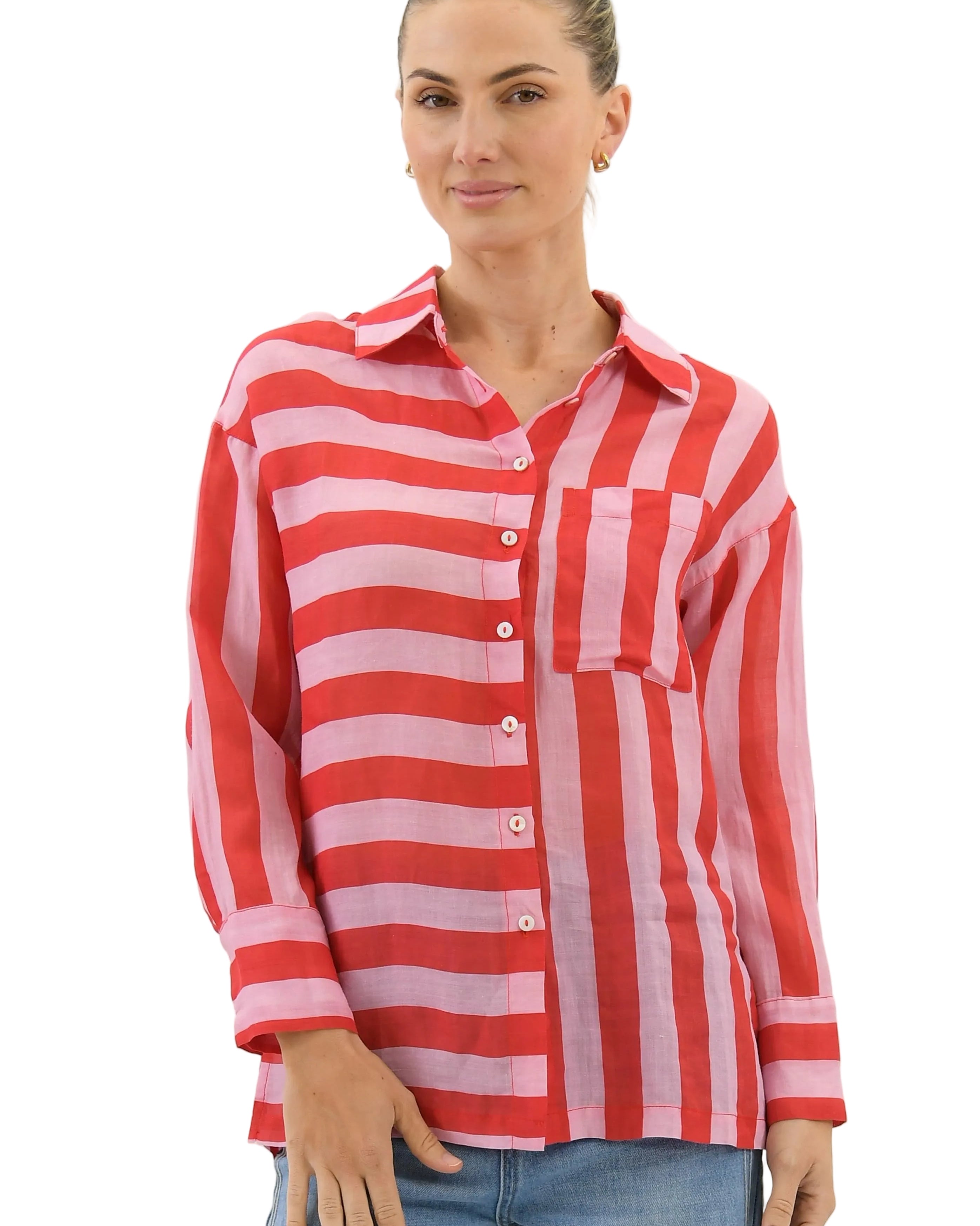 Faye Striped Linen Shirt Pink/Red Tops Worthier S/M(8-10)