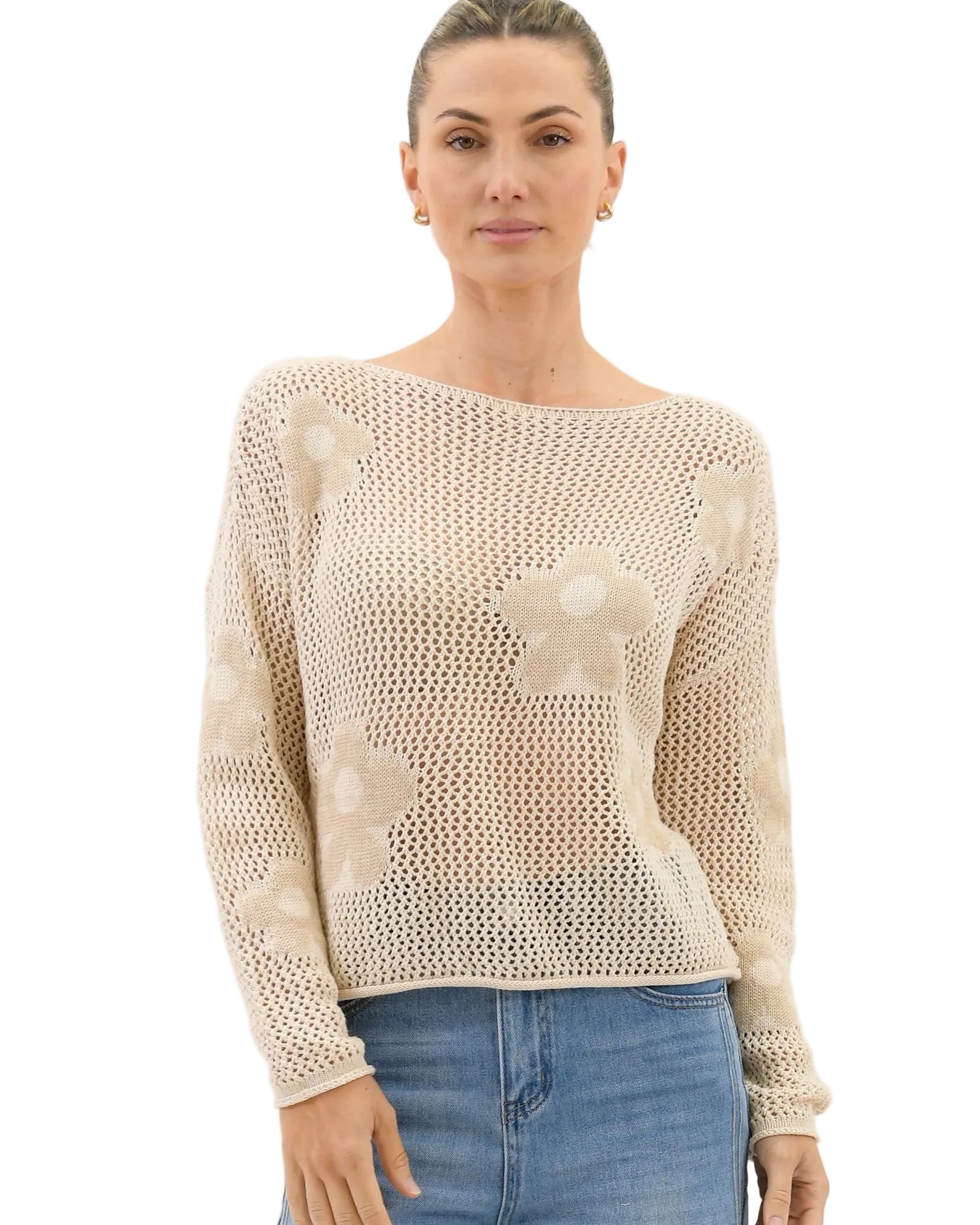 Rae Daisy Print Linen/Cotton Knit Cardi Beige - Global Free Style