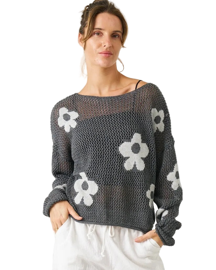 Rae Flower Knit Charcoal Tops Worthier S/M(8-10)