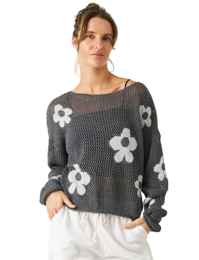 Rae Flower Knit Charcoal Tops Worthier S/M(8-10)