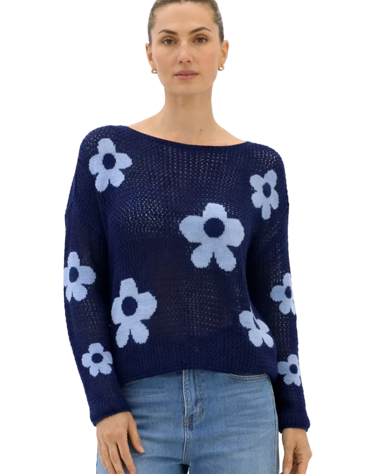 Rae Flower Knit Navy Tops Worthier S/M(8-10)